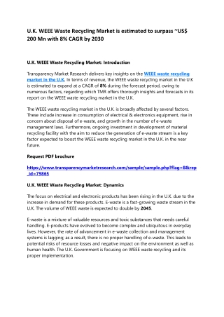 U.K. WEEE Waste Recycling Market is estimated to surpass ~US$ 200 Mn with 8% CAGR by 2030