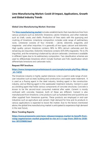 Lime Manufacturing Market: Covid-19 Impact, Applications, Growth and Global Industry Trends