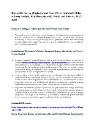 Renewable Energy Monitoring and Control System Market: Global Industry Analysis, Size, Share, Growth, Trends, and Foreca