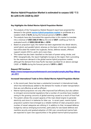 Marine Hybrid Propulsion Market is estimated to surpass US$ ~7.5 Bn with 8.4% CAGR by 2027