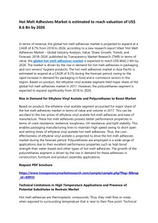 Hot Melt Adhesives Market is estimated to reach valuation of US$ 8.6 Bn by 2026