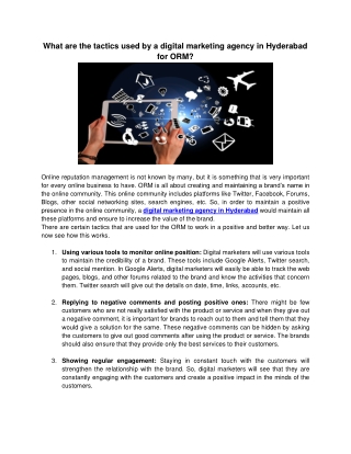 What are the tactics used by a digital marketing agency in Hyderabad for ORM?