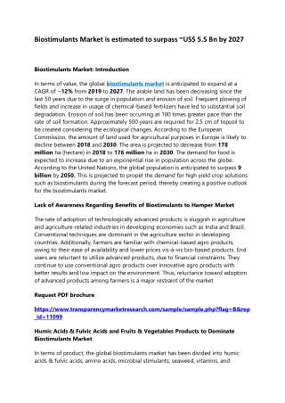 Biostimulants Market is estimated to surpass ~US$ 5.5 Bn by 2027