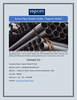 Surya Pipe Dealers India | Sapcon Steels