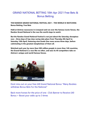 GRAND NATIONAL BETTING 10th Apr 2021 Free Bets & Bonus Betting