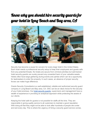 Know why you should hire security guards for your hotel in Long Beach and Bay area, CA