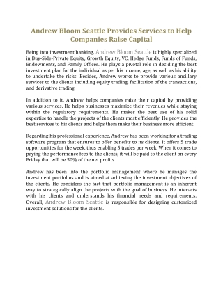 Andrew Bloom Seattle Provides Services to Help Companies Raise Capital