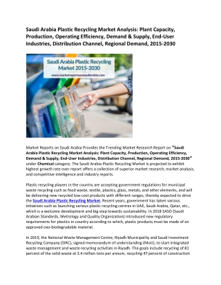 Saudi Arabia Plastic Recycling Market: Growth, Opportunity and Forecast 2015-2030