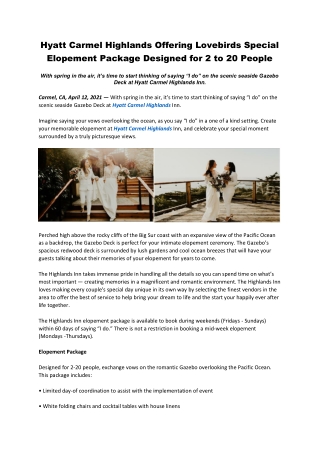 Hyatt Carmel Highlands Offering Lovebirds Special Elopement Package Designed for 2 to 20 People