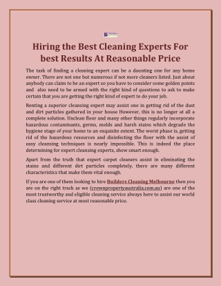 Hiring the Best Cleaning Experts For best Results At Reasonable Price