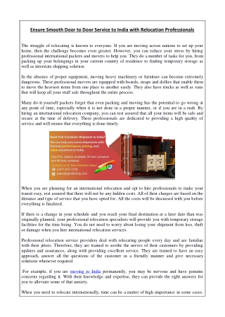 Ensure Smooth Door to Door Service to India with Relocation Professionals