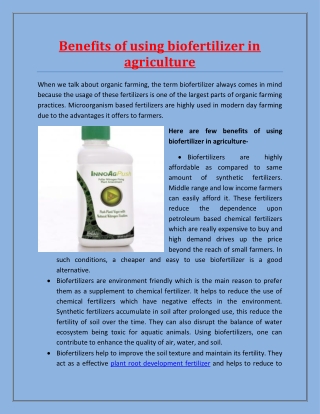 Benefits of using biofertilizer in agriculture