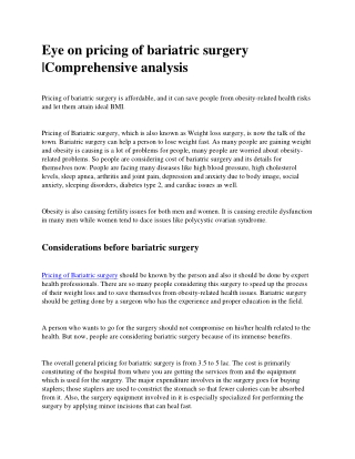 Eye on pricing of bariatric surgery |Comprehensive analysis