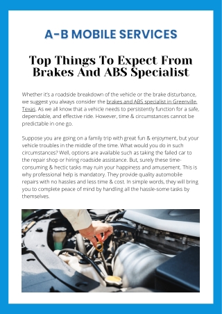 Top Things To Expect From Brakes And ABS Specialist
