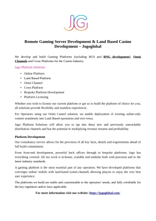 Remote Gaming Server Development & Land Based Casino Development – Jogoglobal