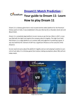 Dream11 Match Prediction  Your guide to Dream 11- Learn How to play Dream 11