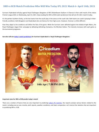 SRH vs RCB Match Prediction Who will Win Today IPL 2021 Match 6- April 14th, 2021