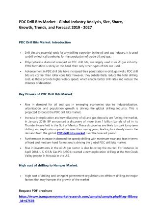 PDC Drill Bits Market - Global Industry Analysis, Size, Share, Growth, Trends, and Forecast 2019 - 2027