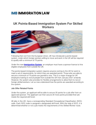 UK Points-Based Immigration System For Skilled Workers