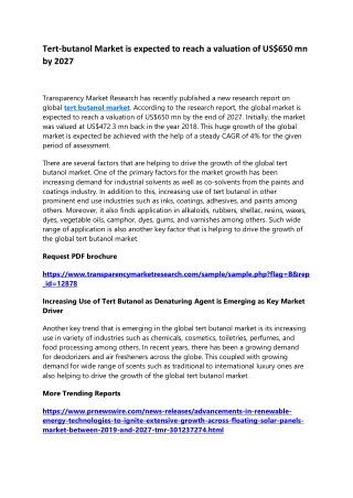 Tert-butanol Market is expected to reach a valuation of US$650 mn by 2027