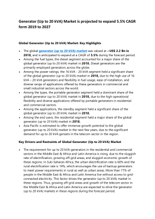 Generator (Up to 20 kVA) Market is projected to expand 5.5% CAGR form 2019 to 2027