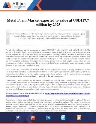 Metal Foam Market expected to value at USD117.7 million by 2025