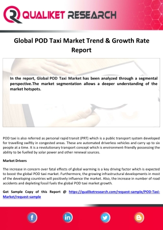 Global POD Taxi Market Size, Share, Trend, Growth, Application and forecast Analysis Report 2020-2027