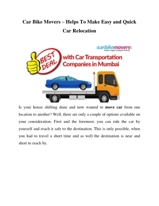 Car Transport in Mumbai - Car Transportation Services in India