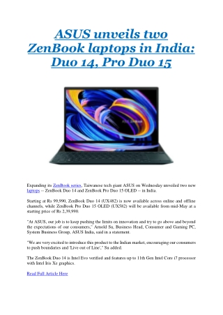 ASUS unveils two ZenBook laptops in India: Duo 14, Pro Duo 15