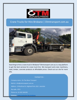 Crane Trucks for Hire Brisbane | Otmtransport.com.au