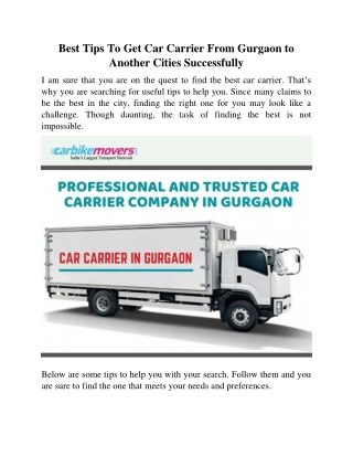 Best Tips To Get Car Carrier From Gurgaon to Another Cities Successfully