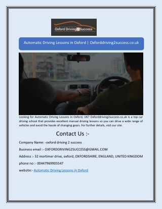Automatic Driving Lessons in Oxford | Oxforddriving2success.co.uk