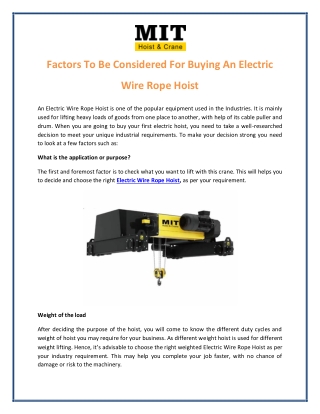 Factors To Be Considered For Buying An Electric Wire Rope Hoist