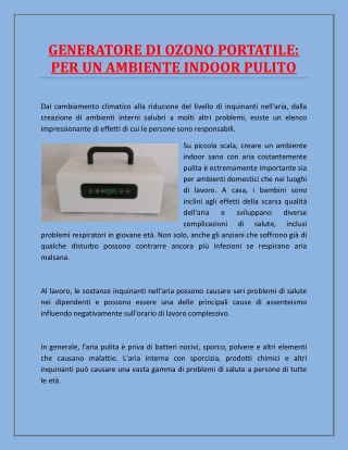 GENERATORE DI OZONO PORTATILE: PER UN AMBIENTE INDOOR PULITO