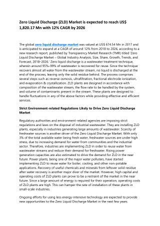 Zero Liquid Discharge (ZLD) Market is expected to reach US$ 1,820.17 Mn with 12% CAGR by 2026