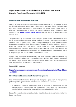Tapioca Starch Market: Global Industry Analysis, Size, Share, Growth, Trends, and Forecasts 2020 - 2030