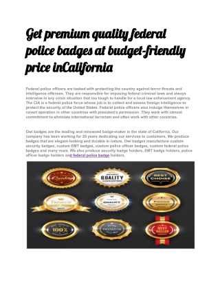 Get premium quality federal police badges at budget-friendly price inCalifornia