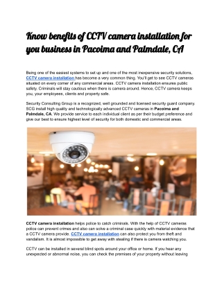 Know benefits of CCTV camera installation for you business in Pacoima and Palmdale, CA