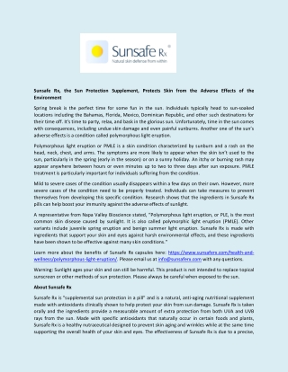 Sunsafe Rx, the Sun Protection Supplement, Protects Skin from the Adverse Effects of the Environment