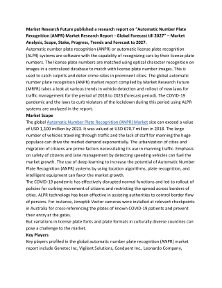 Automatic Number Plate Recognition (ANPR) Market  2027