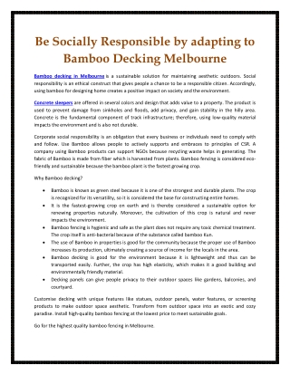 Be Socially Responsible by adapting to Bamboo Decking Melbourne