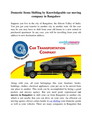 Domestic Items Shifting by Knowledgeable car moving company in Bangalore