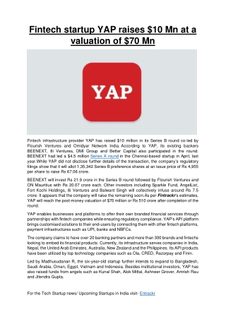 Fintech startup YAP raises $10 Mn at a valuation of $70 Mn