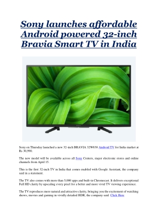 Sony launches affordable Android powered 32-inch Bravia Smart TV in India