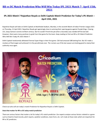 IPL 2021 Match 7 Rajasthan Royals vs Delhi Capitals Match Prediction for Today’s IPL Match – April 15th, 2021