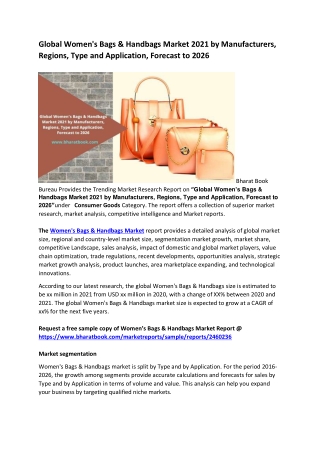 Global Women's Bags & Handbags Market 2021 by Manufacturers, Regions, Type and Application, Forecast to 2026