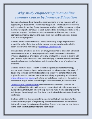 Why study engineering in an online summer course by Immerse Education