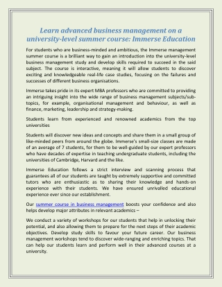 Learn advanced business management on a university-level summer course: Immerse Education