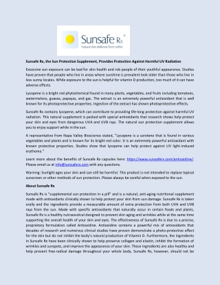 Sunsafe Rx, the Sun Protection Supplement, Provides Protection Against Harmful UV Radiation