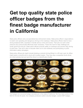 Get top quality state police officer badges from the finest badge manufacturer in California